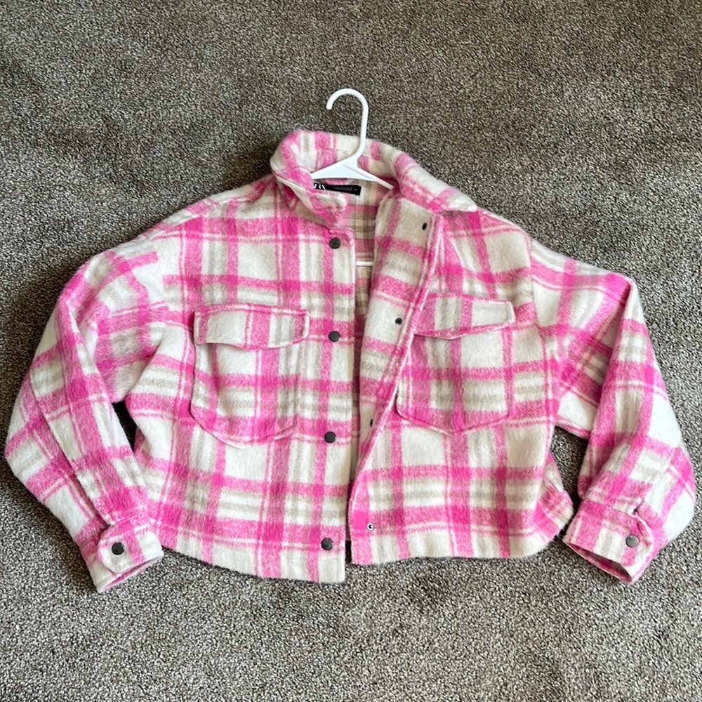 Zara Pink and White Plaid Teddy Jacket